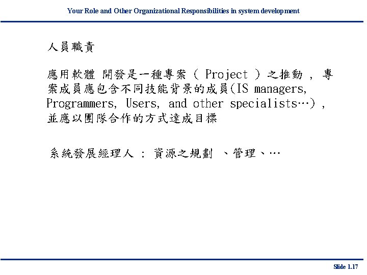 Your Role and Other Organizational Responsibilities in system development 人員職責 應用軟體 開發是一種專案 ( Project