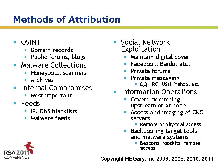 Methods of Attribution § OSINT § Domain records § Public forums, blogs § Malware