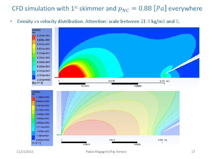 • Density vs velocity distribution. Attention: scale between 2 E-3 kg/m 3 and • Density vs velocity distribution. Attention: scale between 2 E-3 kg/m 3 and