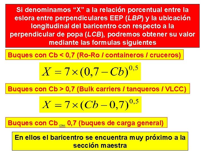 Si denominamos “X” a la relación porcentual entre la eslora entre perpendiculares EEP (LBP)