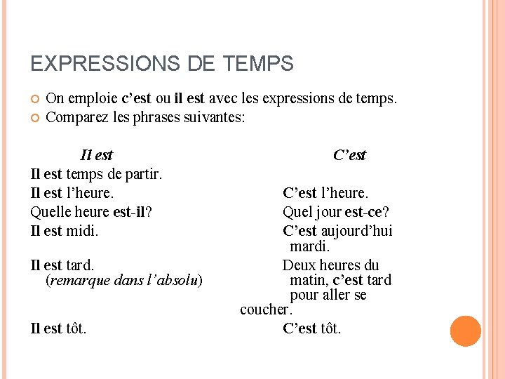 EXPRESSIONS DE TEMPS On emploie c’est ou il est avec les expressions de temps.