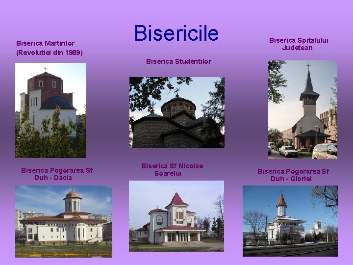 Biserica Martirilor (Revolutiei din 1989) Bisericile Biserica Spitalului Judetean Biserica Studentilor Biserica Pogorarea Sf