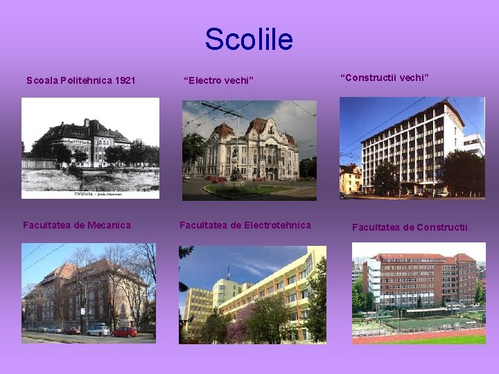 Scolile Scoala Politehnica 1921 Facultatea de Mecanica “Electro vechi” Facultatea de Electrotehnica “Constructii vechi”