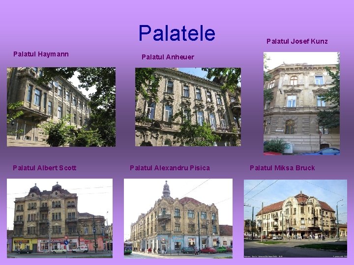 Palatele Palatul Haymann Palatul Albert Scott Palatul Josef Kunz Palatul Anheuer Palatul Alexandru Pisica