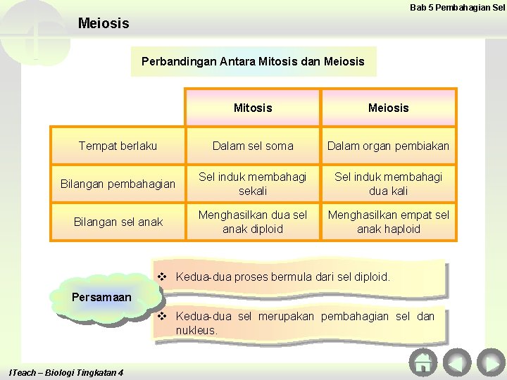 Bab 5 Pembahagian Sel Meiosis Perbandingan Antara Mitosis dan Meiosis Mitosis Meiosis Tempat berlaku