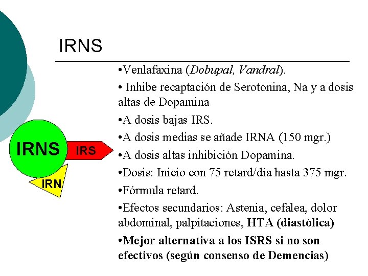 IRNS IRN IRS • Venlafaxina (Dobupal, Vandral). • Inhibe recaptación de Serotonina, Na y IRNS IRN IRS • Venlafaxina (Dobupal, Vandral). • Inhibe recaptación de Serotonina, Na y