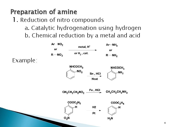 Preparation of amine 1. Reduction of nitro compounds a. Catalytic hydrogenation using hydrogen b.