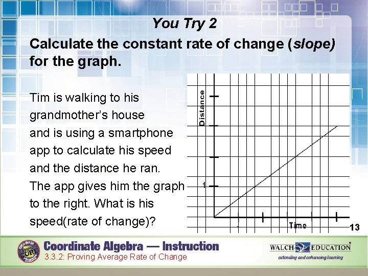 You Try 2 Calculate the constant rate of change (slope) for the graph. Tim