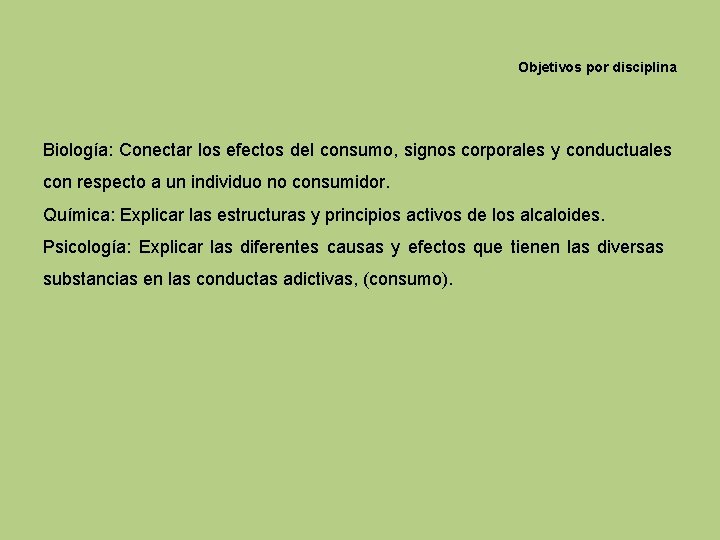 Objetivos por disciplina Biología: Conectar los efectos del consumo, signos corporales y conductuales con