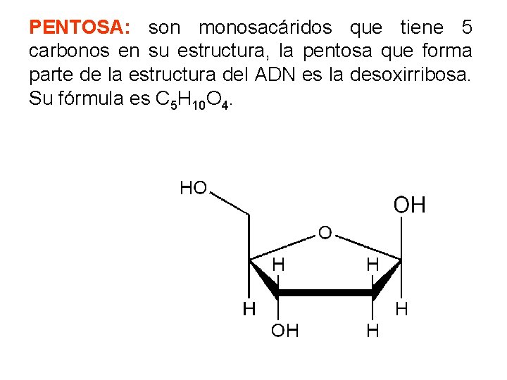 PENTOSA: son monosacáridos que tiene 5 carbonos en su estructura, la pentosa que forma