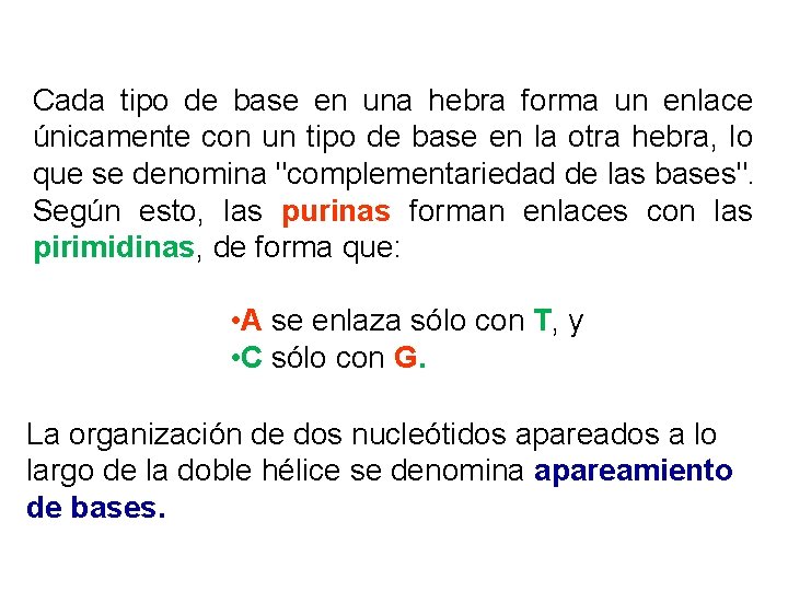 Cada tipo de base en una hebra forma un enlace únicamente con un tipo