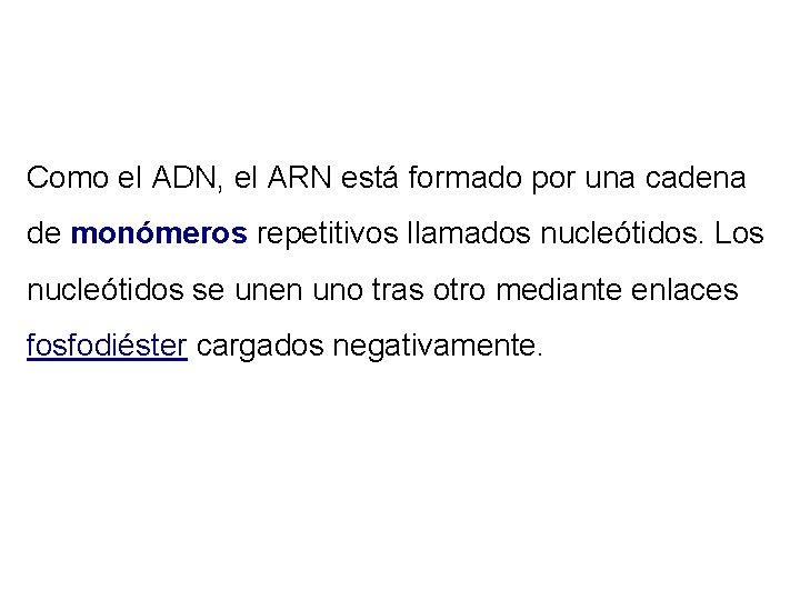 Como el ADN, el ARN está formado por una cadena de monómeros repetitivos llamados