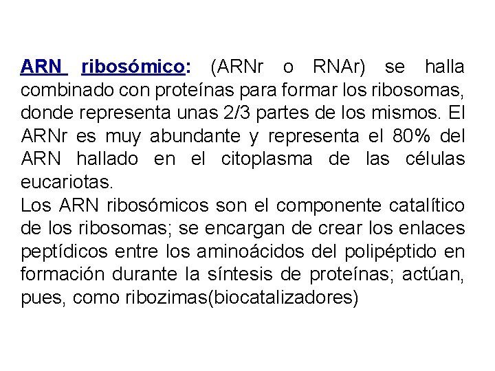 ARN ribosómico: (ARNr o RNAr) se halla combinado con proteínas para formar los ribosomas,