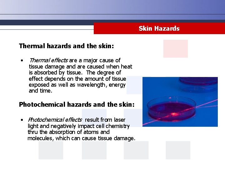 Skin Hazards Thermal hazards and the skin: • Thermal effects are a major cause