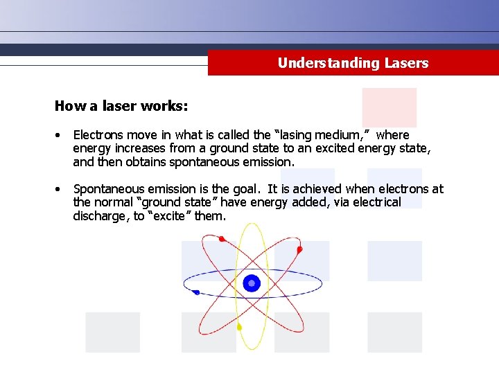 Understanding Lasers How a laser works: • Electrons move in what is called the