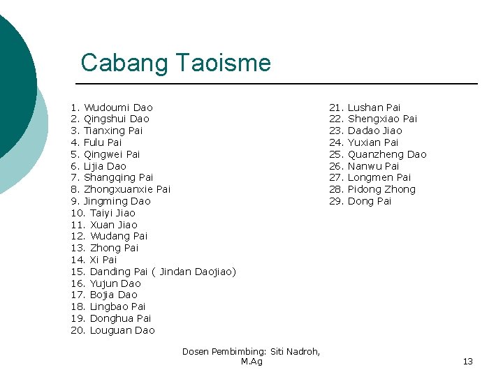 Cabang Taoisme 1. Wudoumi Dao 2. Qingshui Dao 3. Tianxing Pai 4. Fulu Pai Cabang Taoisme 1. Wudoumi Dao 2. Qingshui Dao 3. Tianxing Pai 4. Fulu Pai