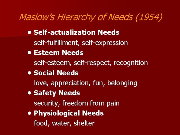 Maslow’s Hierarchy of Needs (1954) • Self-actualization Needs self-fulfillment, self-expression • Esteem Needs self-esteem,