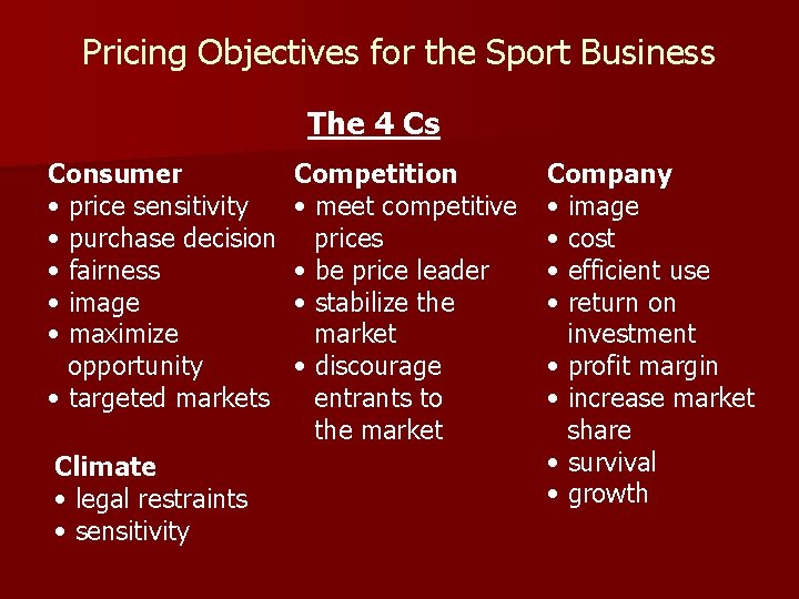Pricing Objectives for the Sport Business The 4 Cs Consumer • price sensitivity •