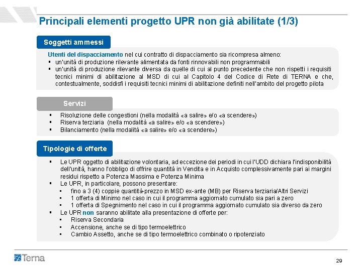 Principali elementi progetto UPR non già abilitate (1/3) Soggetti ammessi Utenti del dispacciamento nel Principali elementi progetto UPR non già abilitate (1/3) Soggetti ammessi Utenti del dispacciamento nel