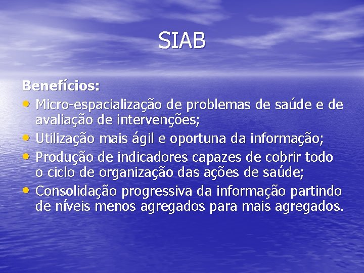 SIAB Benefícios: • Micro-espacialização de problemas de saúde e de avaliação de intervenções; •