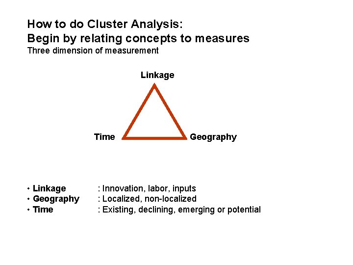 How to do Cluster Analysis: Begin by relating concepts to measures Three dimension of