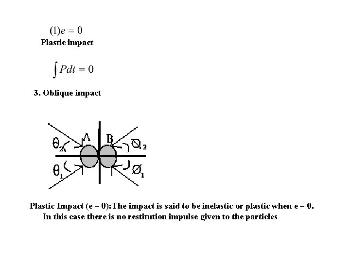 Plastic impact 3. Oblique impact Plastic Impact (e = 0): The impact is said