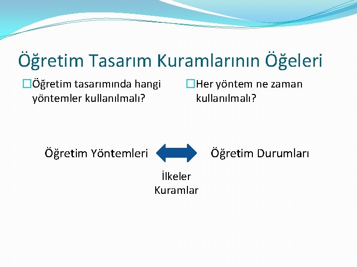 Öğretim Tasarım Kuramlarının Öğeleri �Öğretim tasarımında hangi yöntemler kullanılmalı? �Her yöntem ne zaman kullanılmalı?