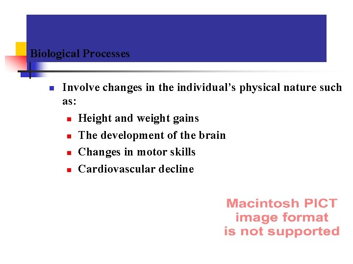 Biological Processes n Involve changes in the individual’s physical nature such as: n Height