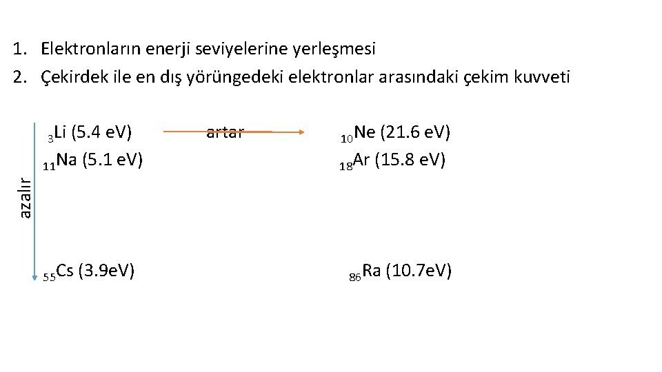 1. Elektronların enerji seviyelerine yerleşmesi 2. Çekirdek ile en dış yörüngedeki elektronlar arasındaki çekim