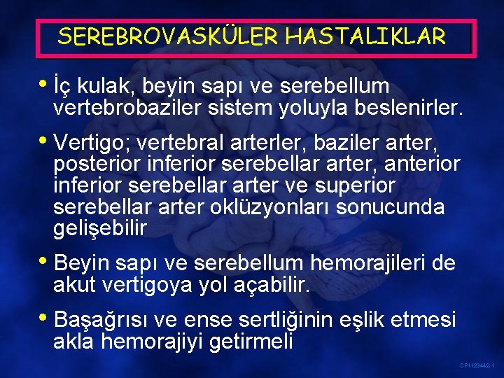 SEREBROVASKÜLER HASTALIKLAR • İç kulak, beyin sapı ve serebellum vertebrobaziler sistem yoluyla beslenirler. •