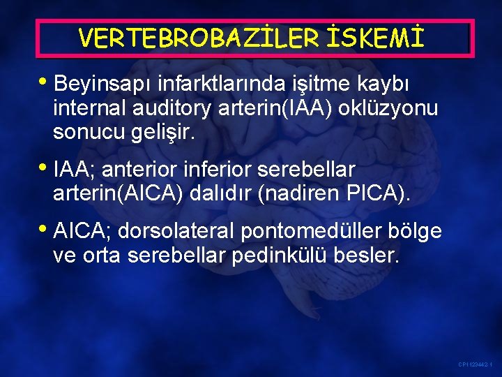 VERTEBROBAZİLER İSKEMİ • Beyinsapı infarktlarında işitme kaybı internal auditory arterin(IAA) oklüzyonu sonucu gelişir. •