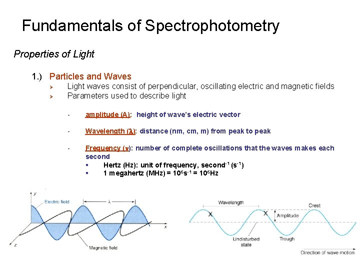 Fundamentals of Spectrophotometry Properties of Light 1. ) Particles and Waves Ø Ø Light Fundamentals of Spectrophotometry Properties of Light 1. ) Particles and Waves Ø Ø Light