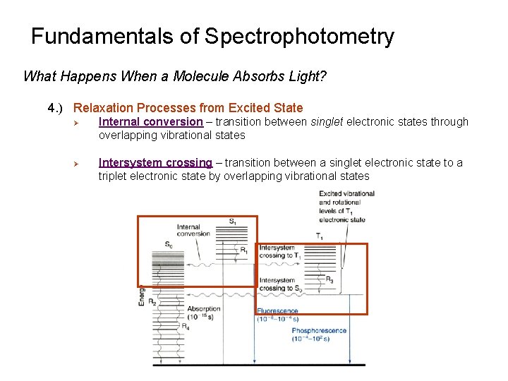 Fundamentals of Spectrophotometry What Happens When a Molecule Absorbs Light? 4. ) Relaxation Processes Fundamentals of Spectrophotometry What Happens When a Molecule Absorbs Light? 4. ) Relaxation Processes