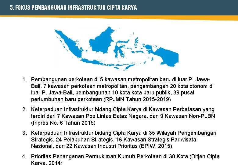 5. FOKUS PEMBANGUNAN INFRASTRUKTUR CIPTA KARYA 1. Pembangunan perkotaan di 5 kawasan metropolitan baru