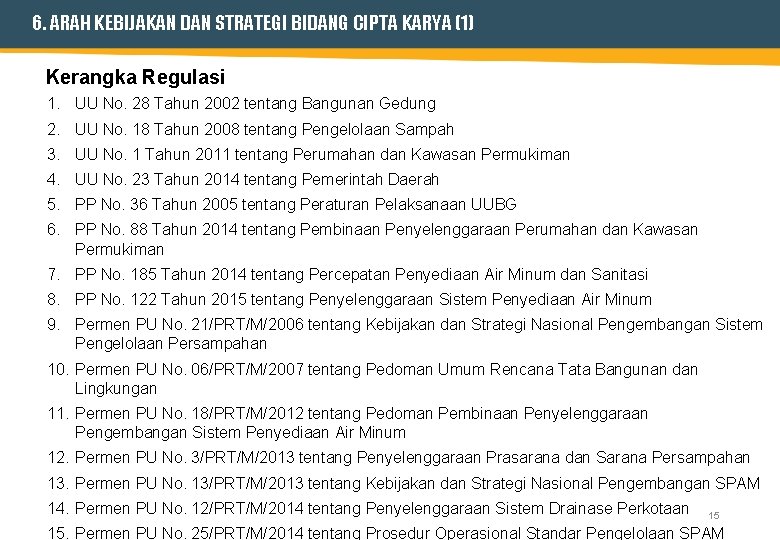 6. ARAH KEBIJAKAN DAN STRATEGI BIDANG CIPTA KARYA (1) Kerangka Regulasi 1. UU No.