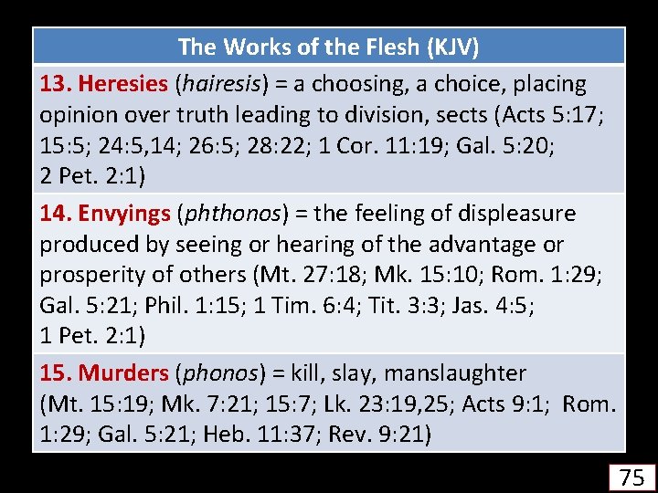 The Works of the Flesh (KJV) 13. Heresies (hairesis) = a choosing, a choice,