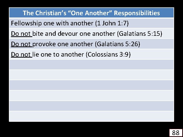 The Christian’s “One Another” Responsibilities Fellowship one with another (1 John 1: 7) Do