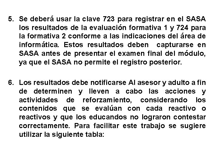 5. Se deberá usar la clave 723 para registrar en el SASA los resultados