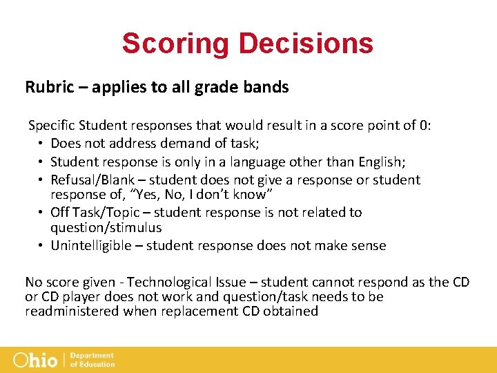 Scoring Decisions Rubric – applies to all grade bands Specific Student responses that would