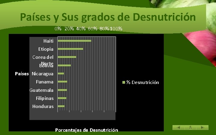 Países y Sus grados de Desnutrición 0% 20% 40% 60% 80% 100% Haiti Etiopia