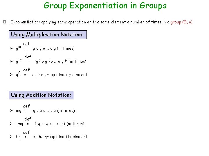 Group Exponentiation in Groups q Exponentiation: applying same operation on the same element a Group Exponentiation in Groups q Exponentiation: applying same operation on the same element a