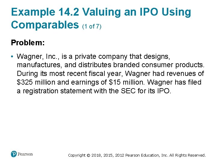 Example 14. 2 Valuing an IPO Using Comparables (1 of 7) Problem: • Wagner,