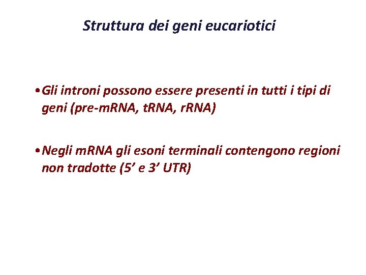 Struttura dei geni eucariotici • Gli introni possono essere presenti in tutti i tipi Struttura dei geni eucariotici • Gli introni possono essere presenti in tutti i tipi