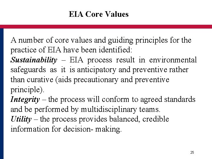 EIA Core Values A number of core values and guiding principles for the practice