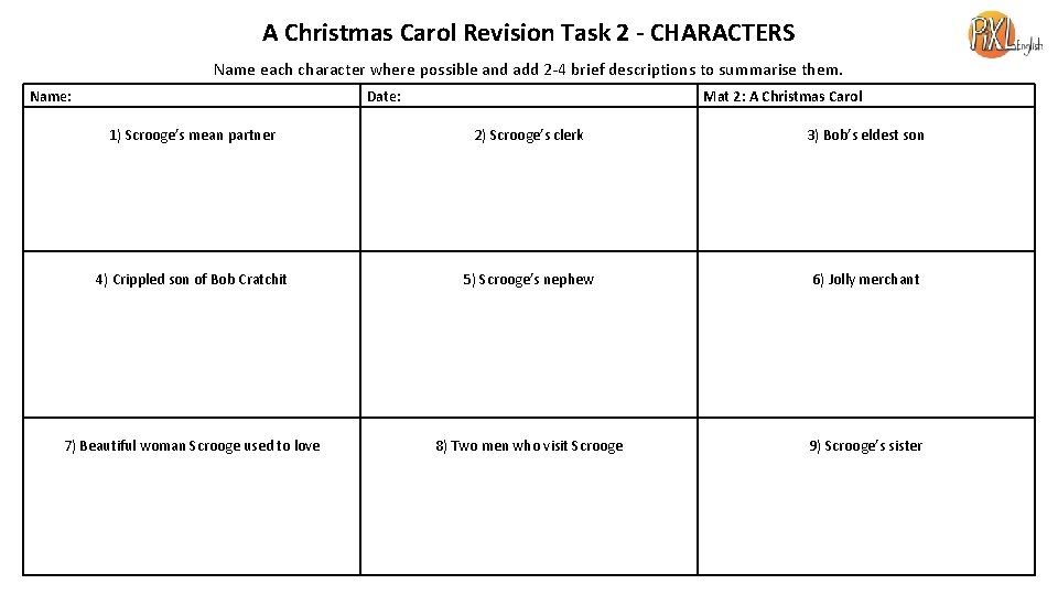 A Christmas Carol Revision Task 2 - CHARACTERS Name each character where possible and