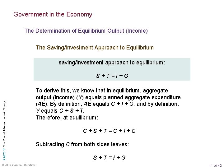 Government in the Economy The Determination of Equilibrium Output (Income) The Saving/Investment Approach to