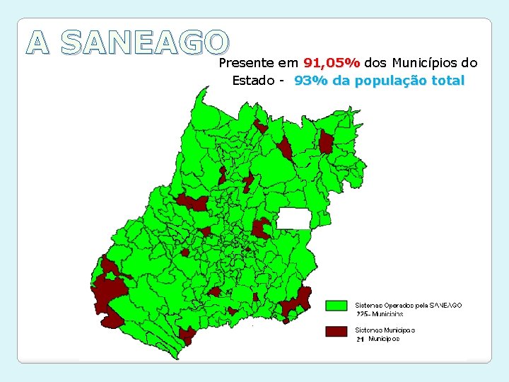 A SANEAGOPresente em 91, 05% dos Municípios do Estado - 93% da população total