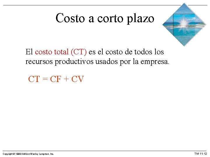 Costo a corto plazo El costo total (CT) es el costo de todos los