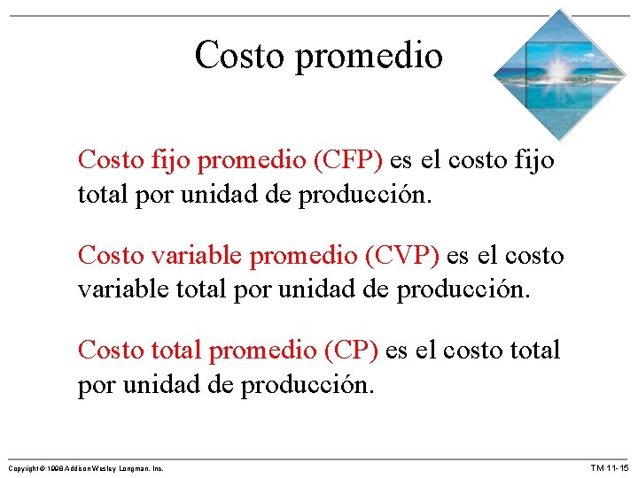 Costo promedio Costo fijo promedio (CFP) es el costo fijo total por unidad de