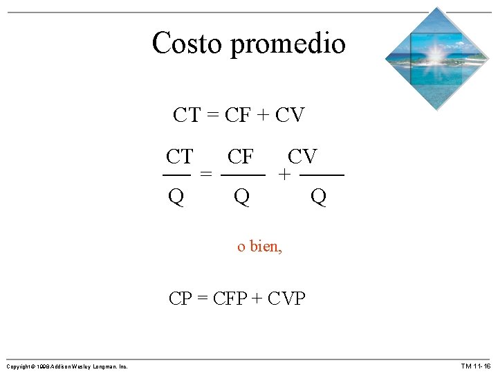 Costo promedio CT = CF + CV CT Q = CF Q CV +